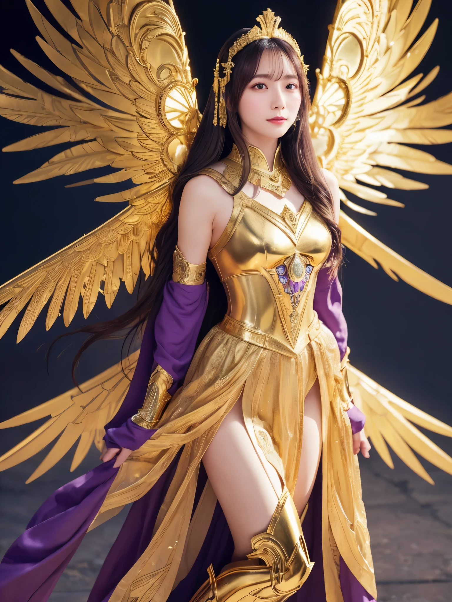 Miss Saori（Athena）The image is full of majesty and holiness。She has long smooth purple hair，The helmet she wears is characterized by a central half-moon decorative edge with exquisite golden carvings. The silver metal surface of the helmet is as smooth as a mirror. The slightly extended curves on both sides are elegant and full of power.,The forehead of the helmet is engraved with delicate ancient Greek-style totems. The gold-plated details on the edges sparkle in the light and fit perfectly with the overall armor.。She wears mainly silver armor with purple and gold decorations，胸甲刻有Athena的神聖圖騰，The long skirt is white and has gold embroidery on the edge.，Leg armor integrated with silver boots，The overall armor is beautifully designed。 She holds a golden scepter. The top of the scepter is a crescent-shaped symbol inlaid with luminous gems, symbolizing divine power.。The round shield is mainly silver, with a star pattern engraved in the center and geometric patterns and moon symbols around it to represent the power of protection.。The huge golden wings spread out behind her and the inner feathers have a purple gradient, symbolizing wisdom and holiness.。 She stands in front of the background of the Zodiac in Saint Seiya，Surrounded by tall golden pillars and mysterious horoscope symbols，The entire scene is shrouded in soft golden light，light from her wings、Reflected on scepter and shield，Highlight her holiness and majesty。
