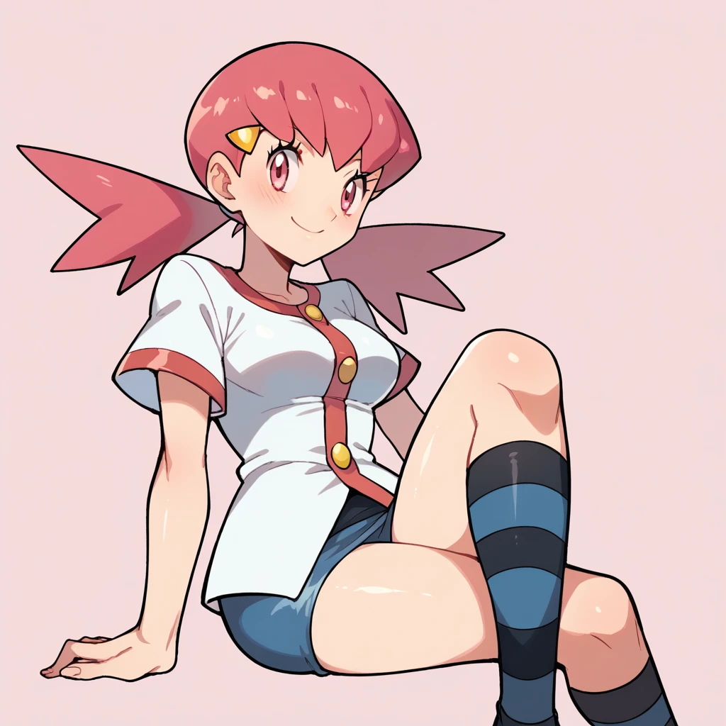 score_9, score_8_up, score_7_up, defwhitney, whitney \(pokemon\), 1girl, arm support, blush, smile, breasts, buttons, 3 bottons, crossed legs, eyelashes, hair ornament, hairclip, jacket, long hair, pink eyes, pink hair, short skirt, short sleeves, skirt, denim skirt, sitting, socks, solo, striped clothes, tight skirt, striped socks, twintails, white jacket, tick thighs, shiny skin, pink background, underwear, white underwear, perfect crossed legs, perfect legs, perfect thighs, perfect stripes,