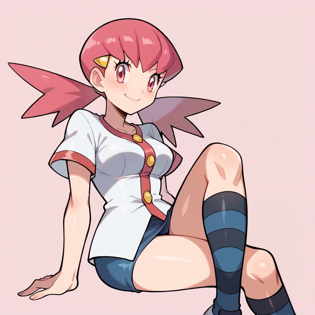 score_9, score_8_up, score_7_up, defwhitney, whitney \(pokemon\), 1girl, arm support, blush, smile, breasts, buttons, 3 bottons, crossed legs, eyelashes, hair ornament, hairclip, jacket, long hair, pink eyes, pink hair, short skirt, short sleeves, skirt, denim skirt, sitting, socks, solo, striped clothes, tight skirt, striped socks, twintails, white jacket, tick thighs, shiny skin, pink background, underwear, white underwear, perfect crossed legs, perfect legs, perfect thighs, perfect stripes,