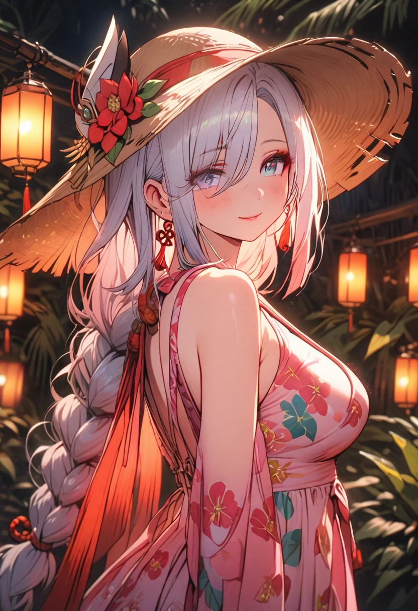 ultra-detailed, ((one girl)), ((portrait:1.2)), (pale skin:1.4), in pastel colors gyaru, (heavy makeup), (professional lighting) hyper detailed, absurdres, 8k, Beautiful Face, (Laugh shyly), ((teasing smile:1.3)), ((happy smile:1.3)),  ((Wink:1.5)), (Laugh with your mouth wide open),((Tilt your face:1.6)), View your viewers, ((Bright red cheeks:1.6)),Glossy Red Lips, ((huge breasts:1.6)),  undressing kimono, noon, summer, Forest waterfall,  ((Anime style background)),masterpiece, Highest quality, (Brighten your face), so beautiful,Latest, Complex details, (Pink long nails), (nail art), (ring),(bracelet), (Floral Choker),AI-generated, Complex,High resolution, Highest quality, super high quality,3D Images、3D Images,One person,(Snow White hair), (highlights hair,Milky White streaked hair)), Long Hair,(High Ponytail), (wavy hair:1.3), Anime woman in black kimono posing for a photo, ((Fine grain、blue eyes、glowing eyes:1.4)), (Squint your eyes:1.1),a hyperRealistic , hyperRealistic , Realistic, Smooth anime CG art, A girl in a gorgeous black kimono, ((black furisode:1.2)), (Gold embroidery), (Large red floral pattern), (sideboob),  Long flower hair ornament,Floral Earrings, Mature Body, tall,Narrow waist, front view, ((dutch angle:1.2)), 