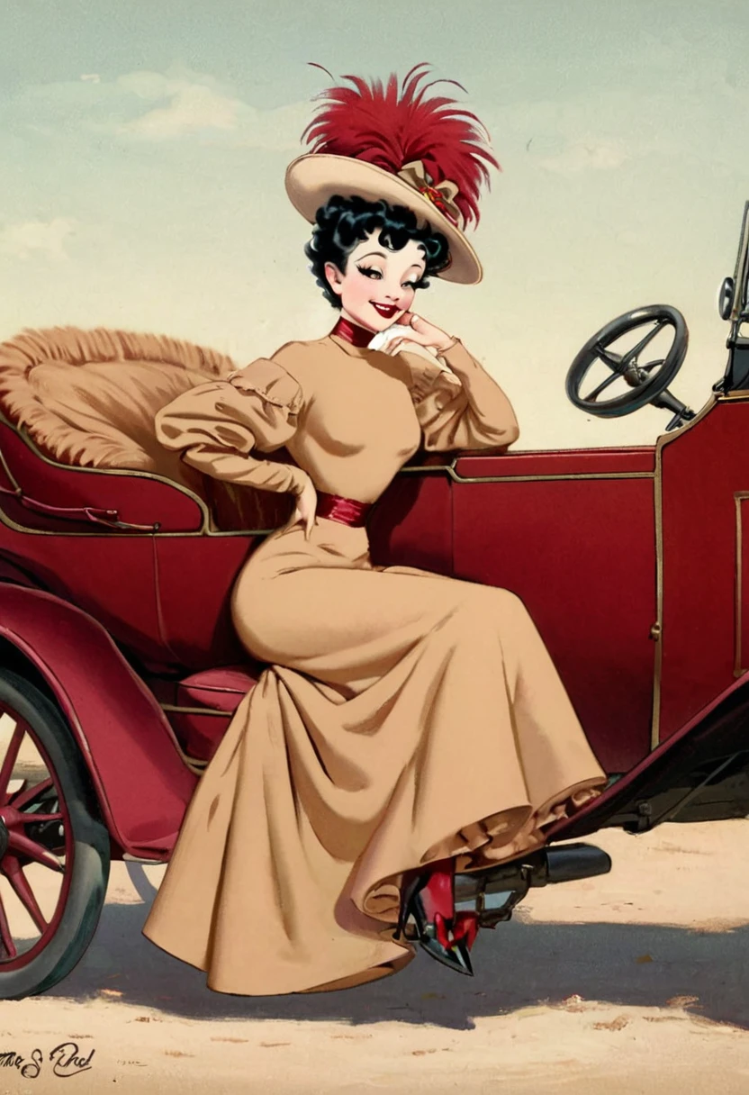 Illustration of Betty Boop as a 14yo coquette sitting inside a tan brown horseless carriage. 1900_dr3ss. Year 1903. Lonely field backdrop. Brunette pompadour with split curls, feather-brimmed hat, high-neck deep red gown with long sleeves, tiny wasp waist, huge bubble butt. Rapemeat, flirting, holding a parasol, winking one eye.