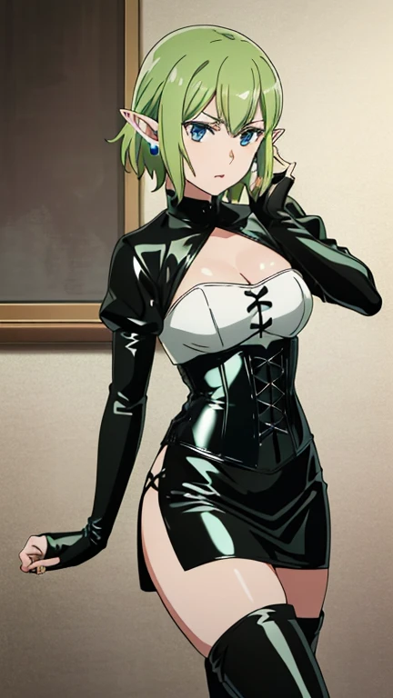 masterpiece,Best Quality,anime,2D,Detailed face,
1 girl, Alone, Pointy Ears, Green Hair, Goblins, blue eyes, short hair,Green Hair,(Long gloves covered in black latex all the way to the fingertips), (Black latex corset dress), (halter neck corset dress), (Black latex tight mini skirt), (Black thigh-high boots),Earrings,Stylish pose,Stylish angle,(Vibrant_color:1.2) (beautiful_Medium sized breasts:1.3), (beautiful_face:1.4),(beautiful_Thighs:1.1),