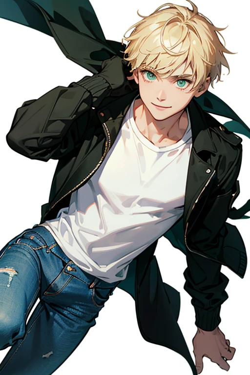 1、((White background))、whole body、Asymmetrical Short Hair、Blonde、Green Eyes、Black jacket、White T-shirt、smile、Jeans