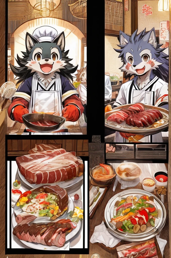 Color Comics、Japanese Manga、Meat dishes、Divide the cooking scene into multiple frames、Comical chef wolf、Straight ahead、Delicious meat anime、美味しそうなMeat dishesが出来上がりました、Happy Face、smile、cute、