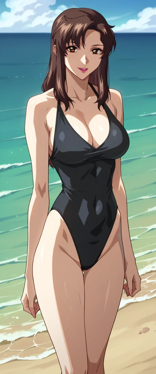 score_9, score_8_up, score_7_up, score_6_up, score_5_up, score_4_up, source_anime, fullbody shot,  Murrue, 1girl, solo, brown hair, brown eyes, lipstick, long hair, looking at viewer, smiling, large breasts, black swimsuit, standing, on beach