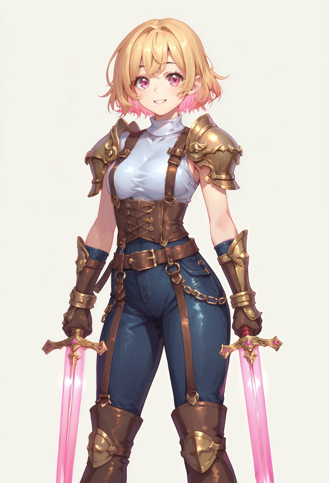 (masterpiece, best quality:1.2), pink glowing eyes, pink eyes, perfect face, blonde, Mami nanami , strong make up, highres, 1 girl, solo, make up, (female:1.5), multcolored hair, shoulder armor,  sleeveless turtleneck, cute outfit, white shirt,  suspenders, belt, gloves, bracer,  cute smile, standing, portrait, looking at viewer, holding a dual sword, dual sword, long leather boots, fullbody shot