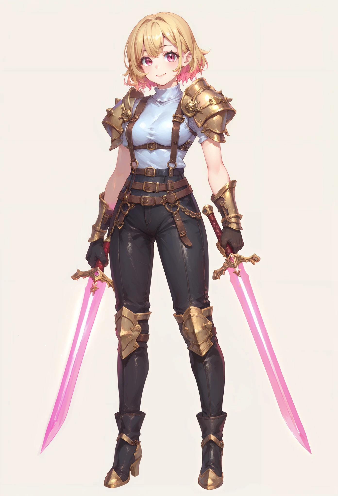 (masterpiece, best quality:1.2), pink glowing eyes, pink eyes, perfect face, blonde, Mami nanami , strong make up, highres, 1 girl, solo, make up, (female:1.5), multcolored hair, shoulder armor,  sleeveless turtleneck, cute outfit, white shirt,  suspenders, belt, gloves, bracer,  cute smile, standing, portrait, looking at viewer, holding a dual sword, dual sword, long leather boots, fullbody shot