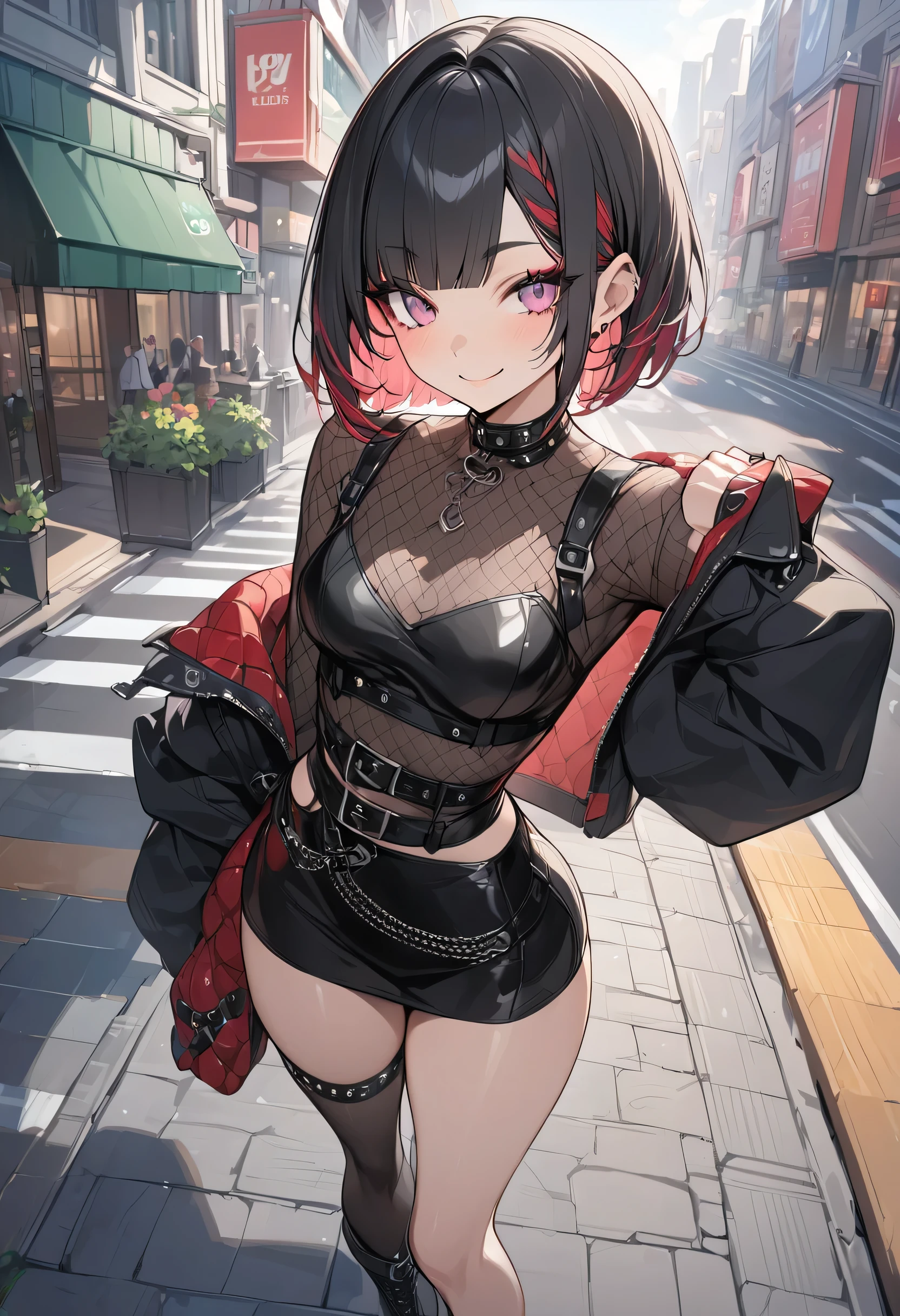 ((Best Quality)), ((masterpiece)), (detailed), Perfect Face, In the city、Sidewalk、A woman wearing punk fashion,,detailedな顔, Long eyelashes, Beautiful Eyes, Feminine curves,
1 person、whole body、Cheerful face、smile、Black Hair、red mesh hair、Short Hair、Bobcut、Straight bangs、Beautiful pink eyes、Eye highlights、Red and black checked top、Long sleeve、Black leather mini skirt、The theme colours of the costume are black and red、Black tights、Black leather short boots、Medium sized breasts、Narrow waist、slim hip、Thin thighs、Looking at the camera、smile、Looking at the camera