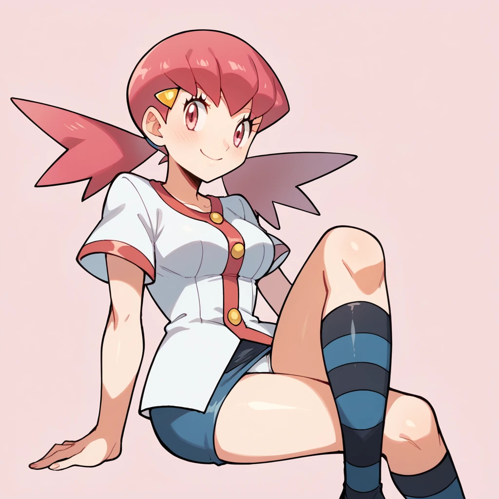 score_9, score_8_up, score_7_up, defwhitney, whitney \(pokemon\), 1girl, arm support, blush, smile, breasts, buttons, 3 bottons, crossed legs, eyelashes, hair ornament, hairclip, jacket, long hair, pink eyes, pink hair, short skirt, short sleeves, skirt, denim skirt, sitting, socks, solo, striped clothes, tight skirt, striped socks, twintails, white jacket, tick thighs, shiny skin, pink background, underwear, white underwear, perfect crossed legs, perfect legs, perfect thighs, perfect stripes,