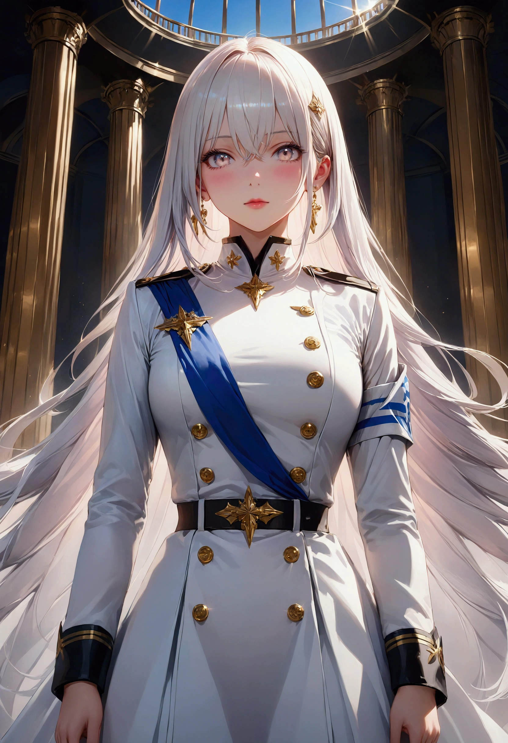 Beautiful lady, White hair, Hip length hair, Breast size,red uniform with black skirt, of the leaders, friendly look, good quality, light background, small rank insignia, V-neck, sexly, 4K, red eye,