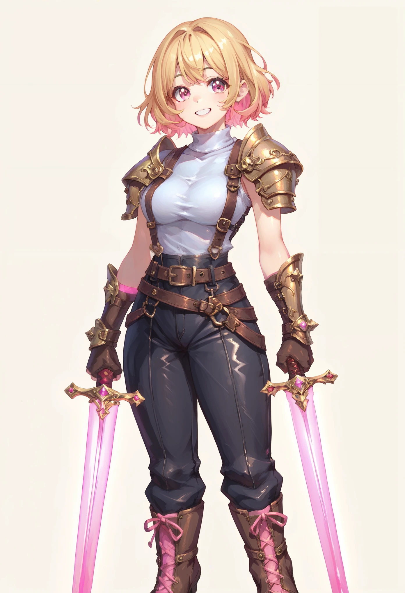 (masterpiece, best quality:1.2), pink glowing eyes, pink eyes, perfect face, blonde, Mami nanami , strong make up, highres, 1 girl, solo, make up, (female:1.5), multcolored hair, shoulder armor,  sleeveless turtleneck, cute outfit, white shirt,  suspenders, belt, gloves, bracer,  cute smile, standing, portrait, looking at viewer, holding a dual sword, dual sword, long leather boots, fullbody shot