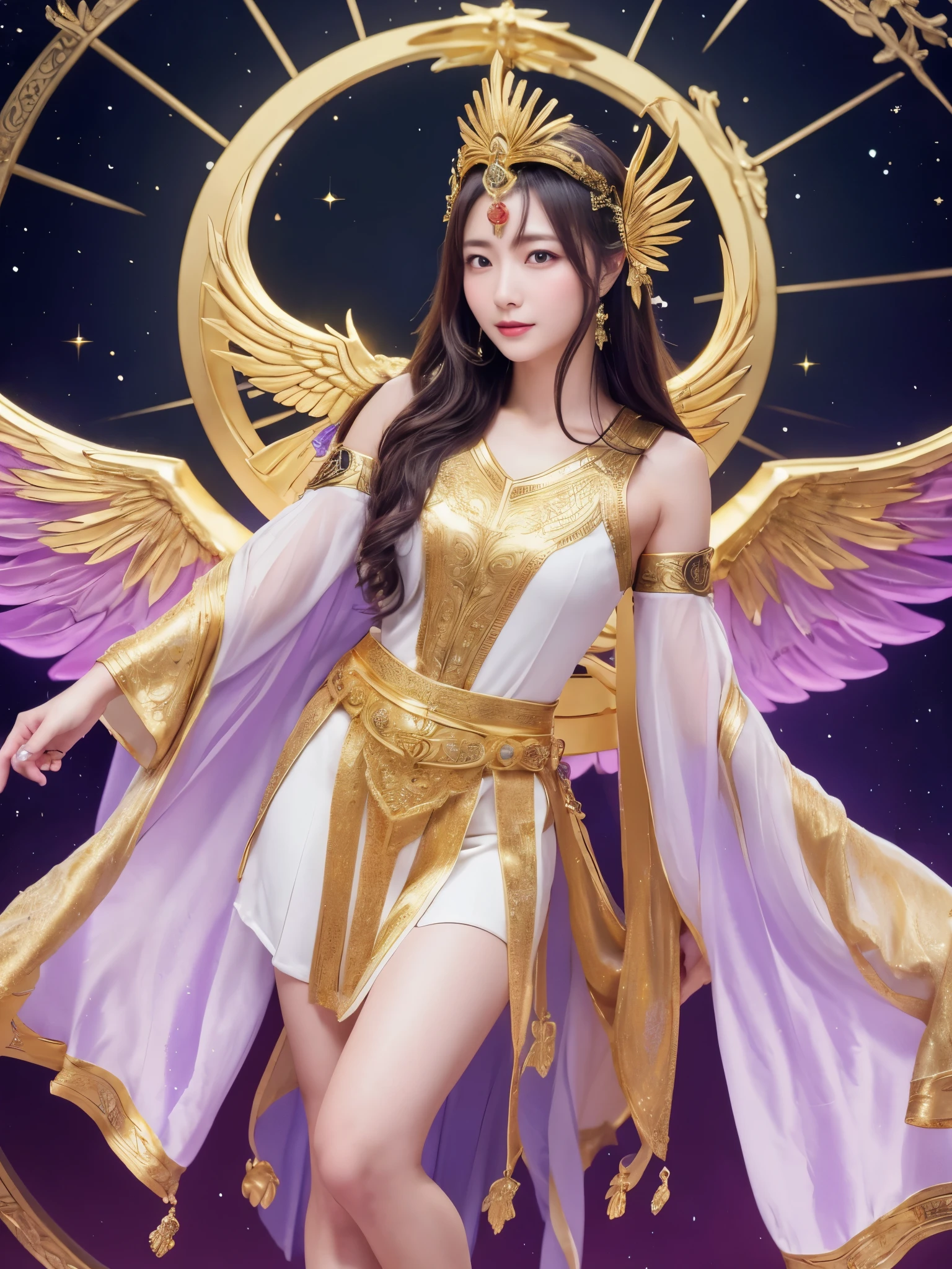 Miss Saori（Athena）The image is full of majesty and holiness。She has long smooth purple hair，The helmet she wears is characterized by the central half-moon decorative edge with exquisite golden carvings. The silver metal surface of the helmet is as smooth as a mirror. The slightly extended curves on both sides are elegant and full of power.,The forehead of the helmet is engraved with delicate ancient Greek-style totems. The gold-plated details on the edges sparkle in the light and fit perfectly with the overall armor.。She wears mainly silver armor with purple and gold decorations，胸甲刻有Athena的神聖圖騰，The long skirt is white and has gold embroidery on the edge.，Leg armor integrated with silver boots，The overall armor is beautifully designed。 She holds a golden scepter. The top of the scepter is a crescent-shaped symbol inlaid with luminous gems, symbolizing divine power.。The round shield is mainly silver, with a star pattern engraved in the center and geometric patterns and moon symbols around it to represent the power of protection.。The huge golden wings spread out behind her and the inner feathers have a purple gradient, symbolizing wisdom and holiness.。 She stands in front of the background of the Zodiac in Saint Seiya，Surrounded by tall golden pillars and mysterious horoscope symbols，The entire scene is shrouded in soft golden light，light from her wings、Reflected on scepter and shield，Highlight her holiness and majesty。
