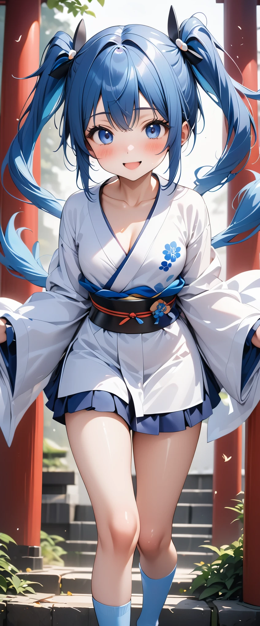 1 girl, game CG, light blue kimono, hair ornament, gigantic breasts, light blue hair, middle hair, two side up, blue eyes, Japanese shrine, dynamic, happy, outstretched arms,