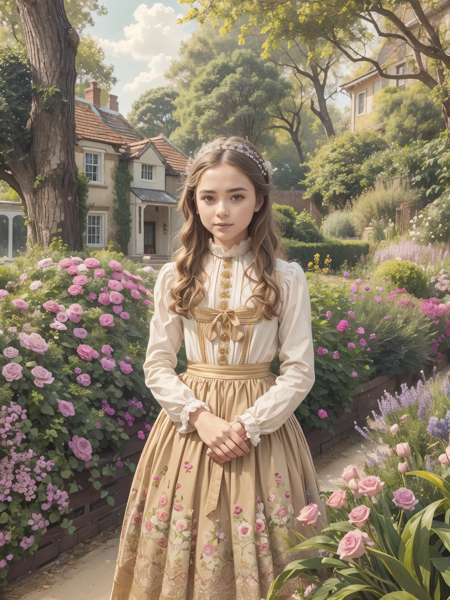 Garden in front of a 19th century aristocratic mansion、Pale-toned watercolor painting of a teenage girl