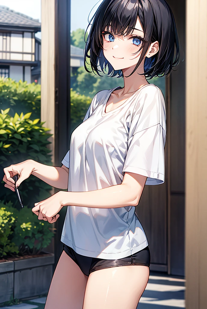 ((masterpiece, best quality)),((highres:1.2)), 1 Girl, solo, Cowboy Shot, Blurred Background, (((Small breasts))), Thighs, (Stripe underwear), ((sexy One Shoulder T-Shirts)), (((Fantastic Pose:1.2))), Off the shoulder,