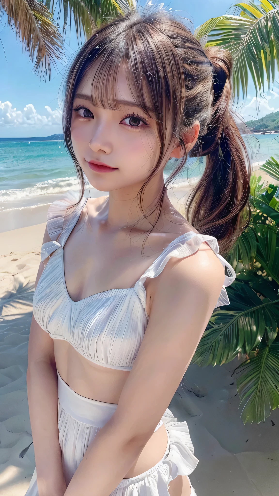 Background of nature, A woman taking a photo in a cute bikini, Off-the-shoulder swimwear, beautiful Asian Girl, Wearing a two-piece swimsuit, Chen Xintong, young Asian Girl, Young Gravure Idol, realistic Young Gravure Idol, Yoshitomo Nara, Chinese Girl, Young and cute gravure idol, Gorgeous Chinese Model, Asian Girl, Slender body line, Small and slender figure, (15 year old beautiful girl, Baby Face, Idol Face), (Beautiful small face, double eyelid, Beautiful eyes in every detail, high nose, Beautiful Lips), (Ribbon hair clip, Two side up hairstyle), Brown Hair, Beautiful breasts, Small beautiful butt, (Narrow waist:1.2), (Smooth body), Delicate beautiful skin, (Small beautiful butt:1.2), (Detailed eyes and face:1.3, Professional photography techniques), Natural beautiful lighting, Hair blowing in the wind, (Highest quality, 8K, masterpiece:1.2, RAW Photos, Reality:1.4), (Perfect Anatomy:1.3), (Gaze at the viewer, blush:1.2, A look of lust:1.4), (Cute pose:1.3)