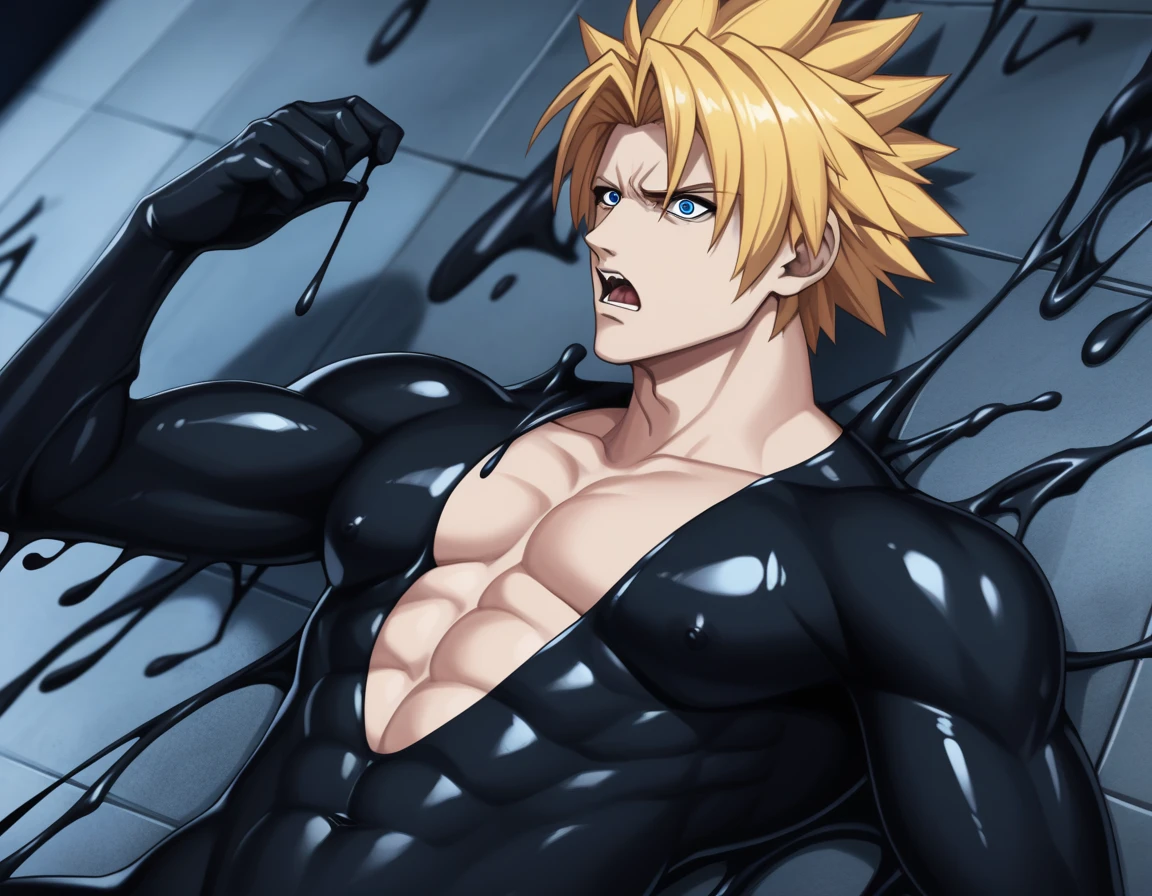 score_9, score_8_up, score_7_up, source_anime, rating_explicit, BREAK black gooey transformation, tar dripping body, man melting in black goo, struggle to escape from fusion of body and shoggoth, BREAK 1man, solid dude, gallant beau, blonde, tsurime, sanpaku, blue eyes, crewcut, forehead, great muscular, hot wrestler, stocky waist, 30yo, spiked hair, BREAK ideal ratio body proportions, masculine, toned body, elder chinpira, wild caucasian, tough yarichin, slightly plump waist, sharp eyes, dark iris, BREAK solo, forced orgasm, against black goo attack, ecstasy, moan, symbiote bodysuit cling, captured into tar wall, BREAK precum, black slime sex, black goo absorption anal, leg grab, deep penetration, against black goo attack, BREAK goo slime holding lying body, black goo hell, black tar swamp background, BREAK fullbody, dynamic expression, BREAK 1990s, in capcom art style, in color comic style, hentai keyvisual, BREAK depth of field, dutch angle, cinematic shadows, cinematic lighting, texture, absurdres absolutely resolution, extreme all detailed, BREAK masterpiece, best quality