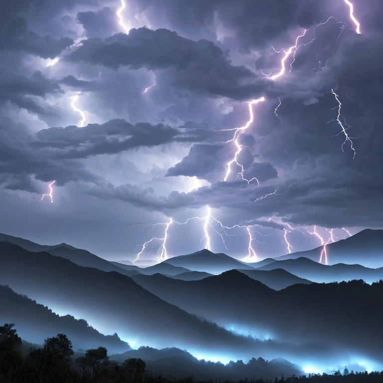 hills, storm, five bolts of lightning, vibration, rumbling, luminescence, sensation,