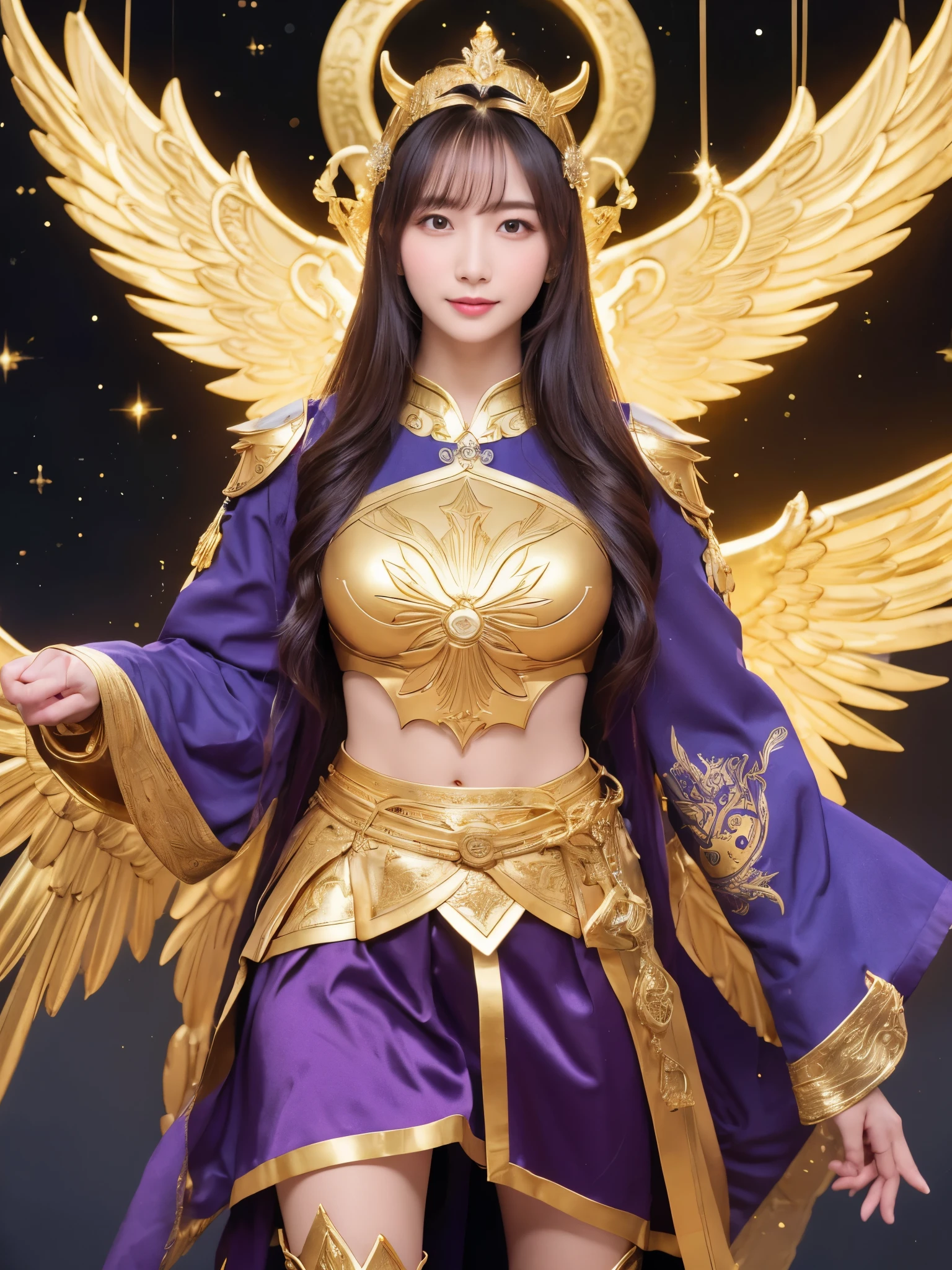 Miss Saori（Athena）The image is full of majesty and holiness。She has long smooth purple hair，The helmet she wears is characterized by the central half-moon decorative edge with exquisite golden carvings. The silver metal surface of the helmet is as smooth as a mirror. The slightly extended curves on both sides are elegant and full of power.,The forehead of the helmet is engraved with delicate ancient Greek-style totems. The gold-plated details on the edges sparkle in the light and fit perfectly with the overall armor.。She wears mainly silver armor with purple and gold decorations，胸甲刻有Athena的神聖圖騰，The long skirt is white and has gold embroidery on the edge.，Leg armor integrated with silver boots，The overall armor is beautifully designed。 She holds a golden scepter. The top of the scepter is a crescent-shaped symbol inlaid with luminous gems, symbolizing divine power.。The round shield is mainly silver, with a star pattern engraved in the center and geometric patterns and moon symbols around it to represent the power of protection.。The huge golden wings spread out behind her and the inner feathers have a purple gradient, symbolizing wisdom and holiness.。 She stands in front of the background of the Zodiac in Saint Seiya，Surrounded by tall golden pillars and mysterious horoscope symbols，The entire scene is shrouded in soft golden light，light from her wings、Reflected on scepter and shield，Highlight her holiness and majesty。
