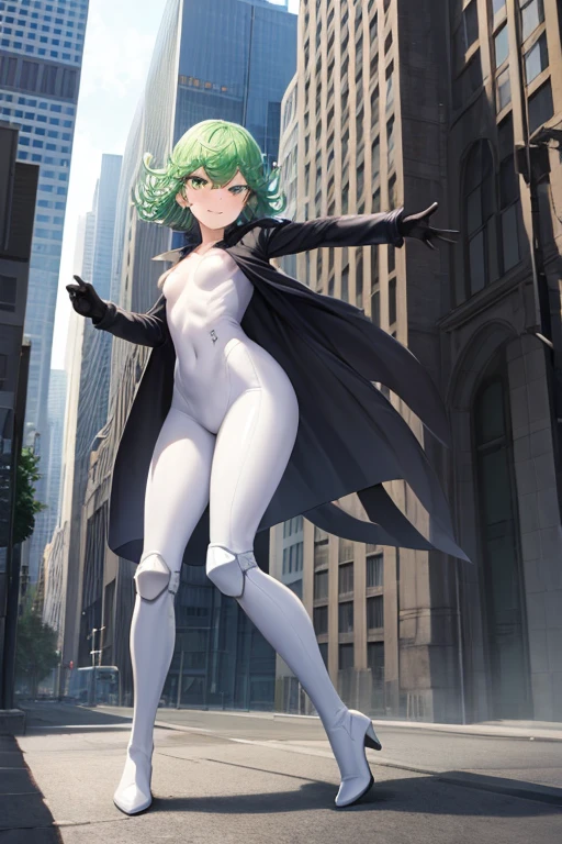 Masterpiece, best quality, ultra detailed, illustration, lighting epic, cinematic composition, 1 girl, Tatsumaki, short hair, green hair, very small breasts, green eyes, bright eyes, smiling, blushing, closed mouth, piercing gaze, full body, long beige trench coat, open trench coat, black fingerless gloves, white shirt, white nanotechnology suit, white pants, white knee pads, metallic white boots, nanotechnology in the air, city background, anime