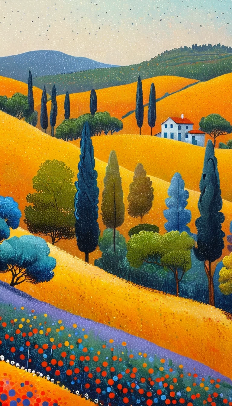 masterpiece,best composition,best quality,pointillism art,minimal art,painting of field with trees and hills,colorful landscape painting,cypresses and hills,vibrant landscape,colorful scene,vibrant abstract landscape