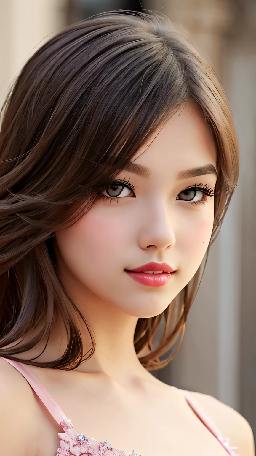 beautiful girl, brown eyes, beautiful slim age girl 2 woman, hair color [Brown highlights hair], [undercut pixie] hair, lips, realistic, narrow waist, charming, pink lipstick, colorful makeup, long eyelashes, fair skin, (cute), (detailed face), detailed eyes, detailed iris, (large breasts:1.2), (ballerina:1.2)