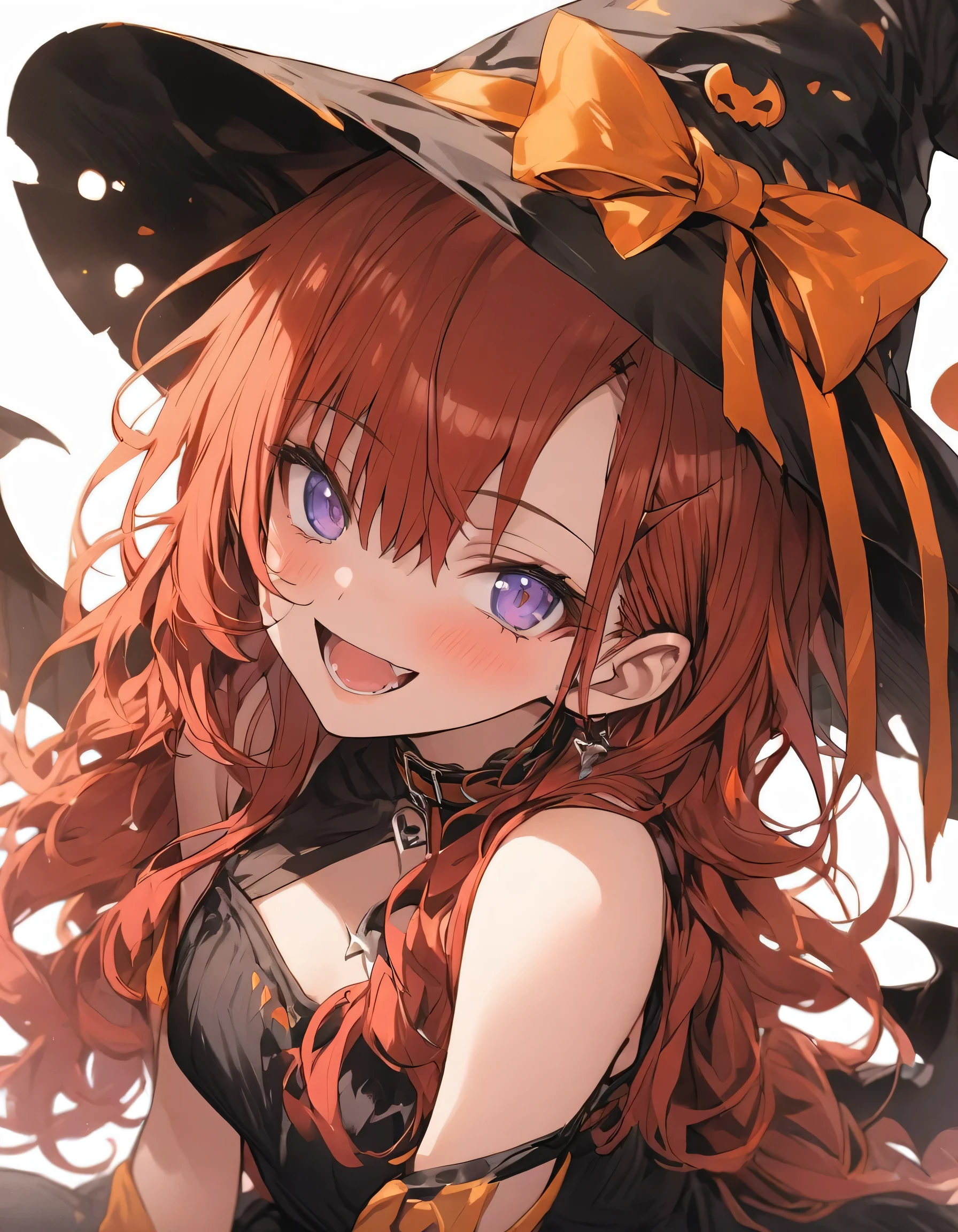 pregnant cute redhead girl, with long red hair, purple eyes, purple shirt, dark purple skirt, purple witch hat, purple heels, cute smile, blushing