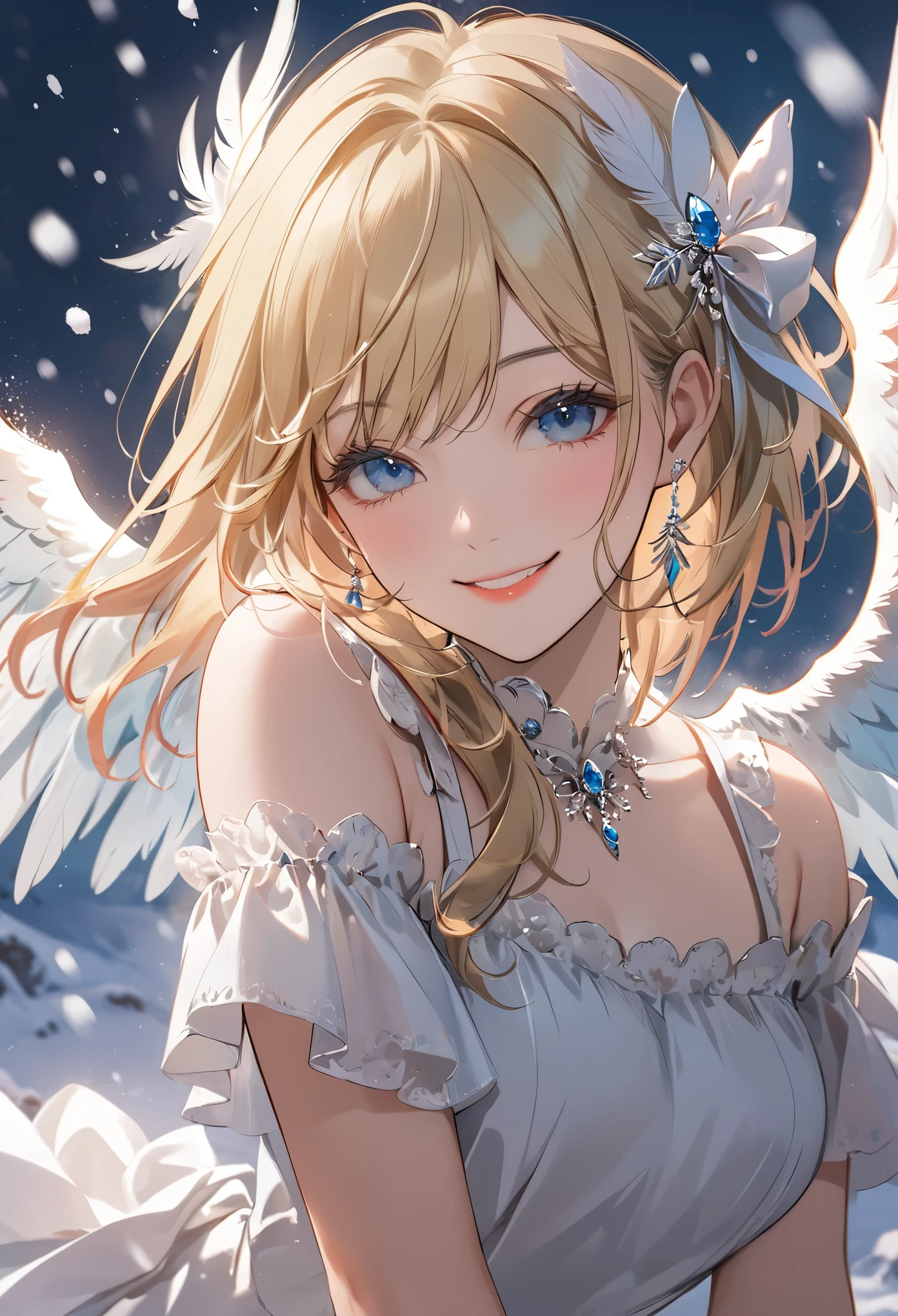detailed illustration,8k , (masterpiece) ,1 Angel Girl , alone , wing,delicate face,blue eyes , feather , snow white skin,Happy smile,beautiful light and shadow, Light Particles,long blonde hair,White and pink dress