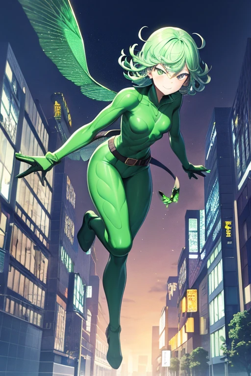 ((master part,Best Quality)), absurdities,
Hawkgirl_JLU, 
Alone, smiling, looking at the viewer, Black rubberized pants fitted to his perfect body, 
Night sky and city in the background, cinematographic composition, Dynamic and sexy pose