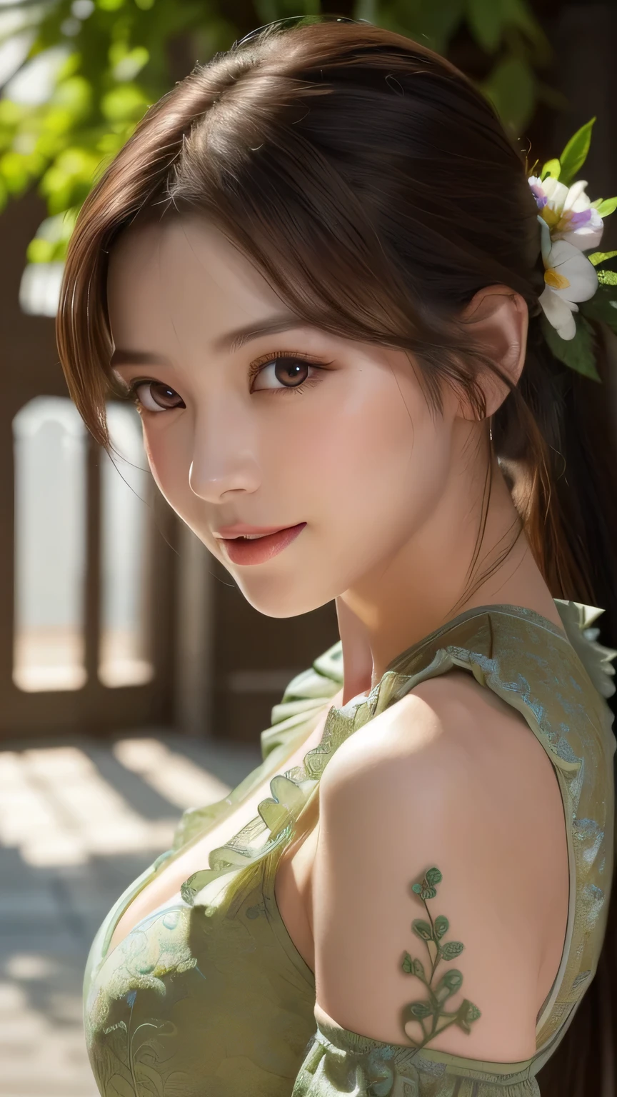 (8k, RAW photos,best quality, high resolution:1.1), (hyperrealistic:1.4),(realistic, photorealistic:1.3), soft light,big breasts,girl,realistic face,realistic body,realistic skin,absurdity,masterpiece,(cute:1.8), cuties, solo, (big breasts:1.2), detailed black eyes,innocent eyes,blusher,(t-shirt:1.2), cinema light,film grain,jewelry,earrings,((Medium hair:1.1)),((Floating Hair Novafrog Style)),cherry colored lips,hair ribbon,hair bow,ponytail,closeup,look viewer,long hair,upper body,open lips,upper teeth, (smiling eyes:0.6),((grinning:1.2)),depth of field, blurred background, eye focus, Bokeh,Young, 85mm Lens, f/1.4,Professional Lighting, Young,Portrait,Photon Mapping,Radiosity,Physically Based Rendering,No Bra