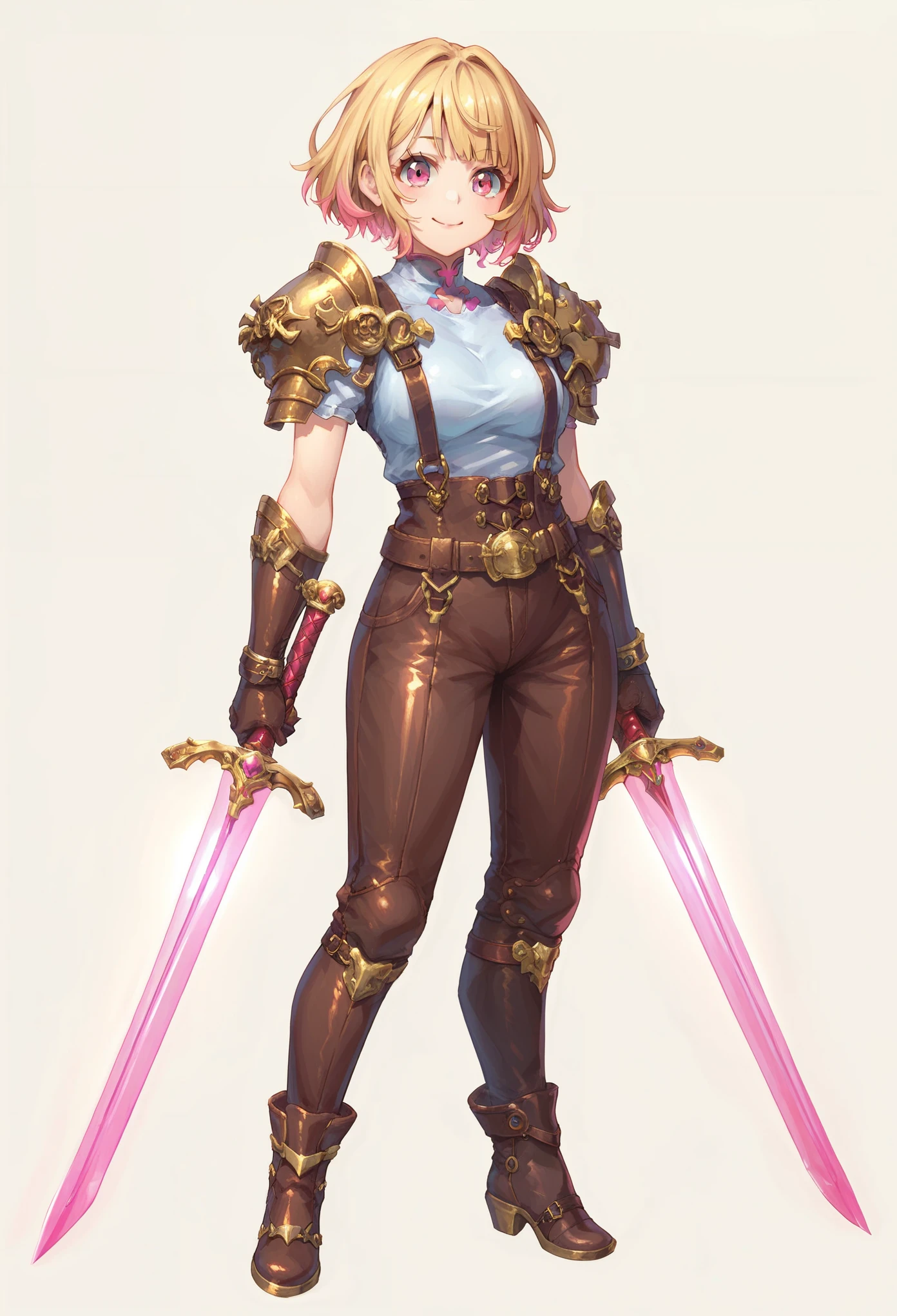 (masterpiece, best quality:1.2), pink glowing eyes, pink eyes, perfect face, blonde, Mami nanami ,gorgeous, strong make up, highres, 1 girl, solo, make up, (female:1.5), multcolored hair, shoulder armor,  sleeveless turtleneck, cute outfit, white shirt,  gold forniture, suspenders, belt, gloves, bracer,  cute smile, standing, portrait, looking at viewer, holding a dual sword, dual sword, long leather boots, fullbody shot, dinamic pose, cyberpunk