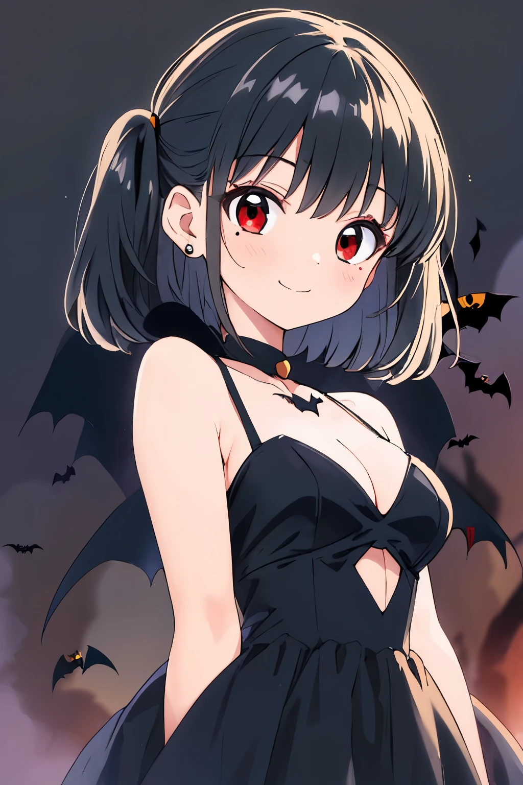 #Model,
One  girl,shiny pitch black hair,long straight hair,
puff out cheeks,
red eyes,(slanted eyes:1.1),
(one mole under left eye:0.7),
(medium breasts:1.5),

Smile , 
#upward glance,

(Photograph the upper body from front:1.2),

(pitch black Halloween costume:1.4),

Simple Background,

Short Bob with mini twin tail,

best quality,Highly detailed,sharp focus,masterpiece, vibrant colors,natural expression,
accurate, Anatomically correct, 