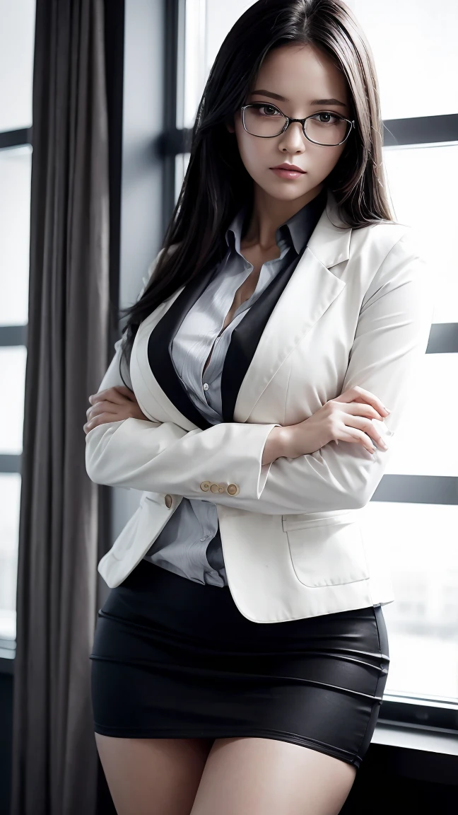 This very feminine woman, long hair down, light blazer, miniskirt, miniskirt, thick thighs, serious expression, glasses, in the office, close to the window. High quality. Detailed. Business.Detailed human anatomy.Varied pose. Black and white. Light dark. Black and white. Realistic.