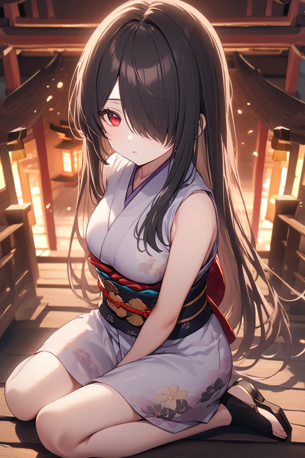 Eye Level Shot, 1girl, Solo, Looking at viewer, Shy, Cute, Red Eyes, Empty Eyes, Expressionless Eyes, Black Hair, Very Long Hair, Straight Hair, ((Hair Over One Eye, Swept Bangs:1.5)), Petite, good_hands, Large breasts, Pale Skinned, Slender, Curvy, ninja, sleeveless, obi, japanese clothes, (Wariza:1.5), Japanese Background, Cinematic Lighting, Masterpiece, 4K, Best Quality, High Resolution, Accurate, Award Winning, (SuperQuality:1.0) ~ (SuperQuality:1.2)