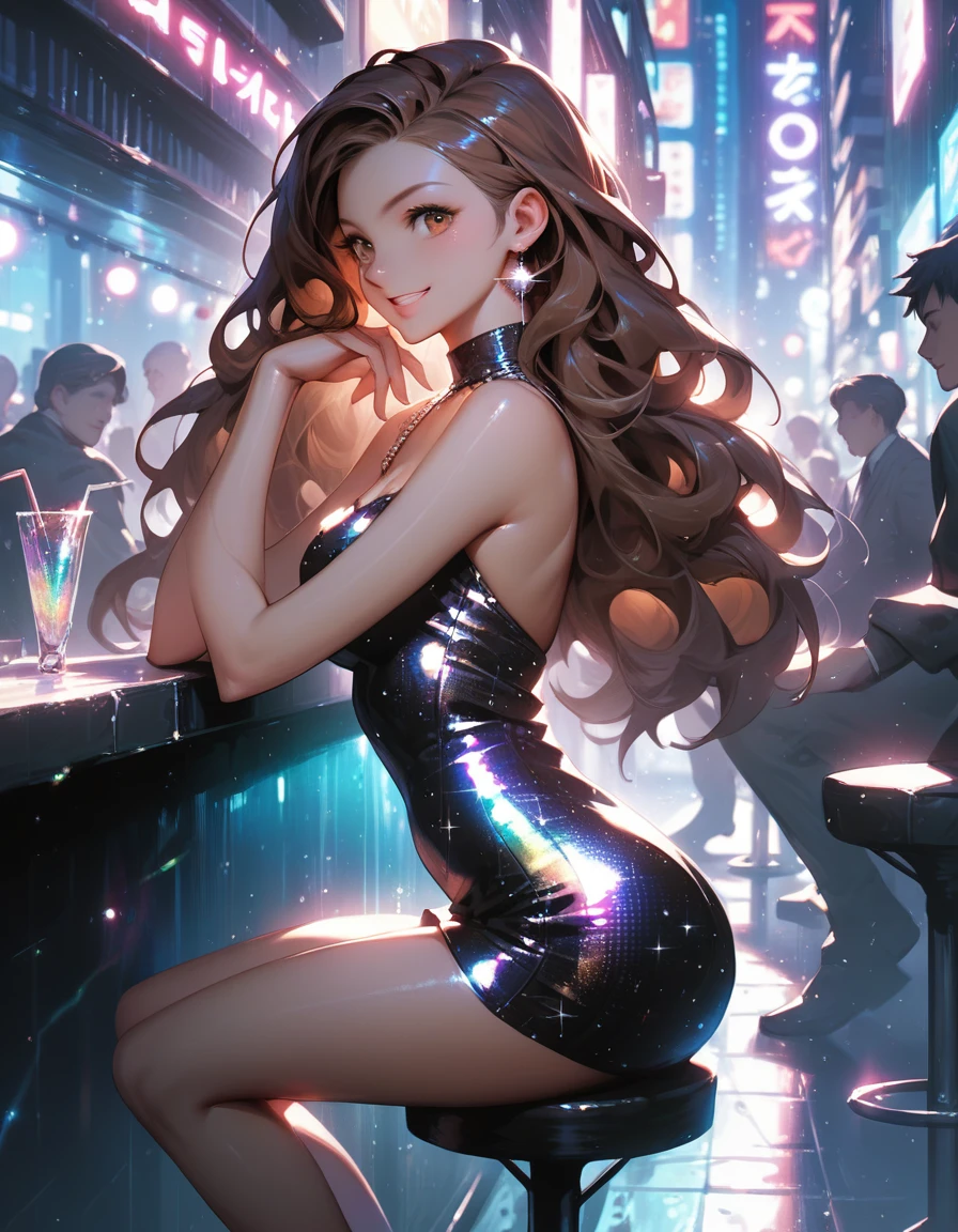 score_9, score_8_up, score_7_up, score_6_up, source_anime, 1girl, long hair, brown hair, disco dress, from side, microdress, arched back, stool, skin tight, city, smile, 