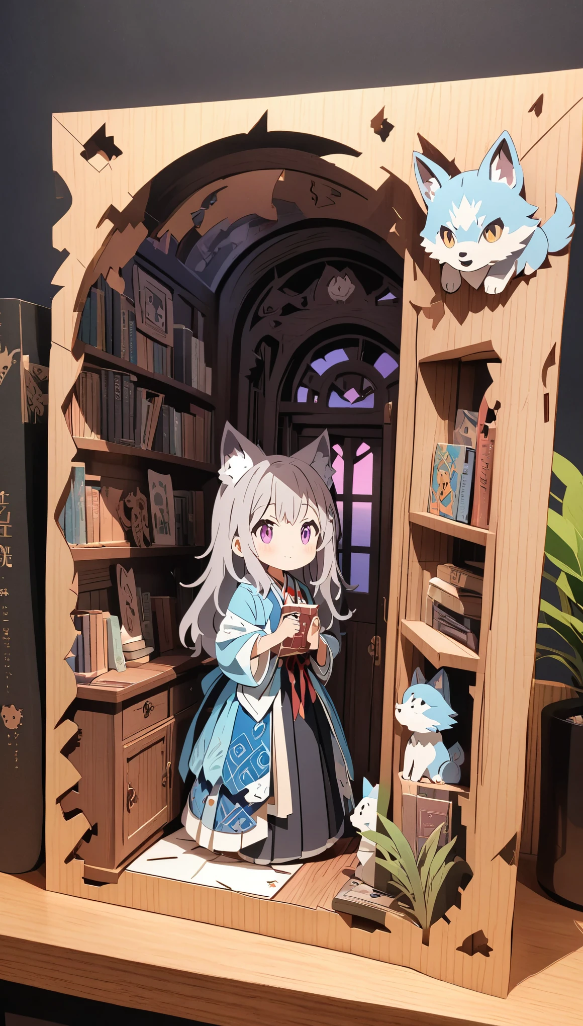 (masterpiece:1.2), (Best Quality:1.2), Ultra-high resolution, Very detailed, Perfect lighting, Wolf Girl, Gray Hair, National Costume, Otherworldly fantasy, cute, Tilt your head, Pastel colors, Paper cutting art,Flat paper cutout, Paper Art, Paper Quilt, Digital Art,Anime style illustration,Anime illustration, White background, PAPERCUT, book nook