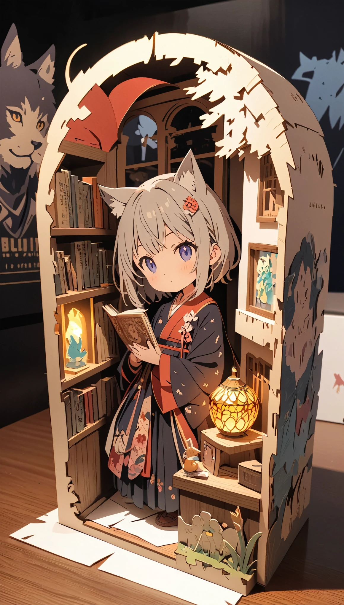 (masterpiece:1.2), (Best Quality:1.2), Ultra-high resolution, Very detailed, Perfect lighting, Wolf Girl, Gray Hair, National Costume, Otherworldly fantasy, cute, Tilt your head, Pastel colors, Paper cutting art,Flat paper cutout, Paper Art, Paper Quilt, Digital Art,Anime style illustration,Anime illustration, White background, PAPERCUT, book nook