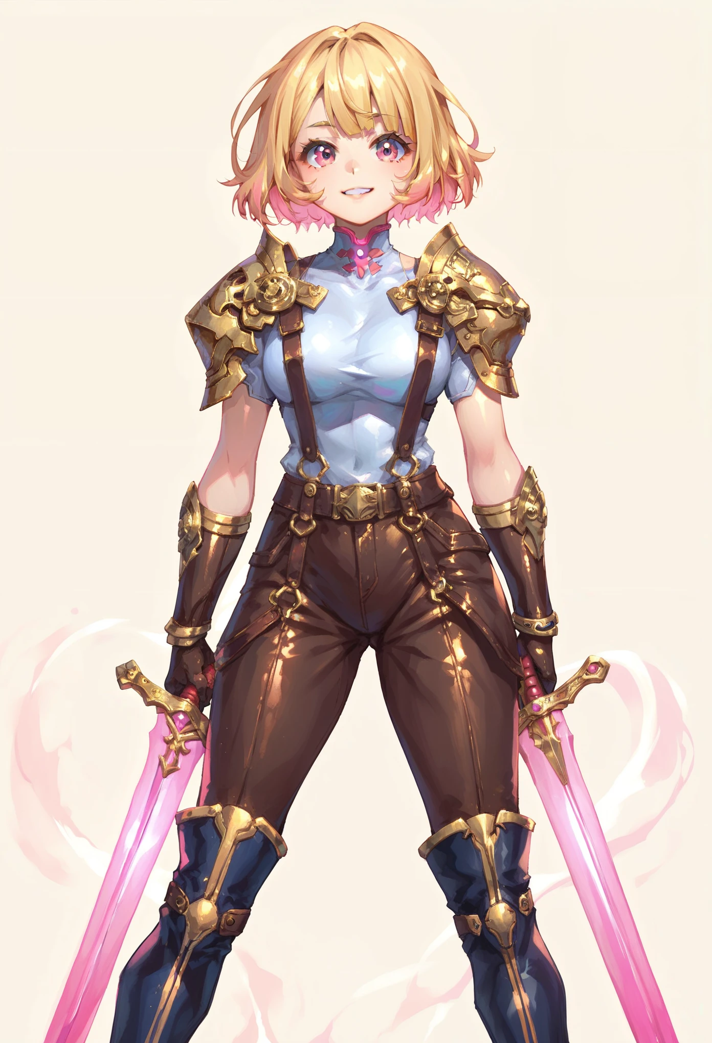 (masterpiece, best quality:1.2), pink glowing eyes, pink eyes, perfect face, blonde, Mami nanami ,gorgeous, strong make up, highres, 1 girl, solo, make up, (female:1.5), multcolored hair, shoulder armor,  sleeveless turtleneck, cute outfit, white shirt,  gold forniture, suspenders, belt, gloves, bracer,  cute smile, standing, portrait, looking at viewer, holding a dual sword, dual sword, long leather boots, fullbody shot, dinamic pose, cyberpunk, futuristic