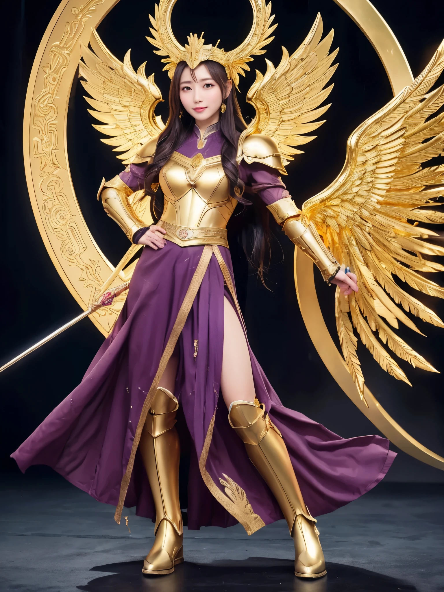 Miss Saori（Athena）The image is full of majesty and holiness。She has long smooth purple hair，The helmet she wears is characterized by the central half-moon decorative edge with exquisite golden carvings. The silver metal surface of the helmet is as smooth as a mirror. The slightly extended curves on both sides are elegant and full of power.,The forehead of the helmet is engraved with delicate ancient Greek-style totems. The gold-plated details on the edges sparkle in the light and fit perfectly with the overall armor.。She wears mainly silver armor with purple and gold decorations，胸甲刻有Athena的神聖圖騰，The long skirt is white and has gold embroidery on the edge.，Leg armor integrated with silver boots，The overall armor is beautifully designed。 She holds a golden scepter. The top of the scepter is a crescent-shaped symbol inlaid with luminous gems, symbolizing divine power.。The round shield is mainly silver, with a star pattern engraved in the center and geometric patterns and moon symbols around it to represent the power of protection.。The huge golden wings spread out behind her and the inner feathers have a purple gradient, symbolizing wisdom and holiness.。 She stands in front of the background of the Zodiac in Saint Seiya，Surrounded by tall golden pillars and mysterious horoscope symbols，The entire scene is shrouded in soft golden light，light from her wings、Reflected on scepter and shield，Highlight her holiness and majesty。
