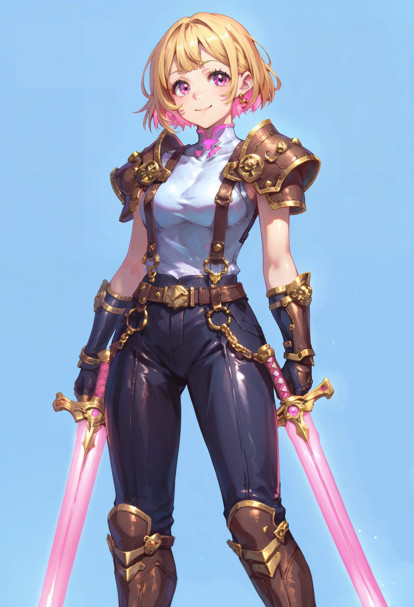 (masterpiece, best quality:1.2), pink glowing eyes, pink eyes, perfect face, blonde, Mami nanami ,gorgeous, strong make up, highres, 1 girl, solo, make up, (female:1.5), multcolored hair, shoulder armor,  sleeveless turtleneck, cute outfit, white shirt,  gold forniture, suspenders, belt, gloves, bracer,  cute smile, standing, portrait, looking at viewer, holding a dual sword, dual sword, long leather boots, fullbody shot, dinamic pose, cyberpunk, futuristic