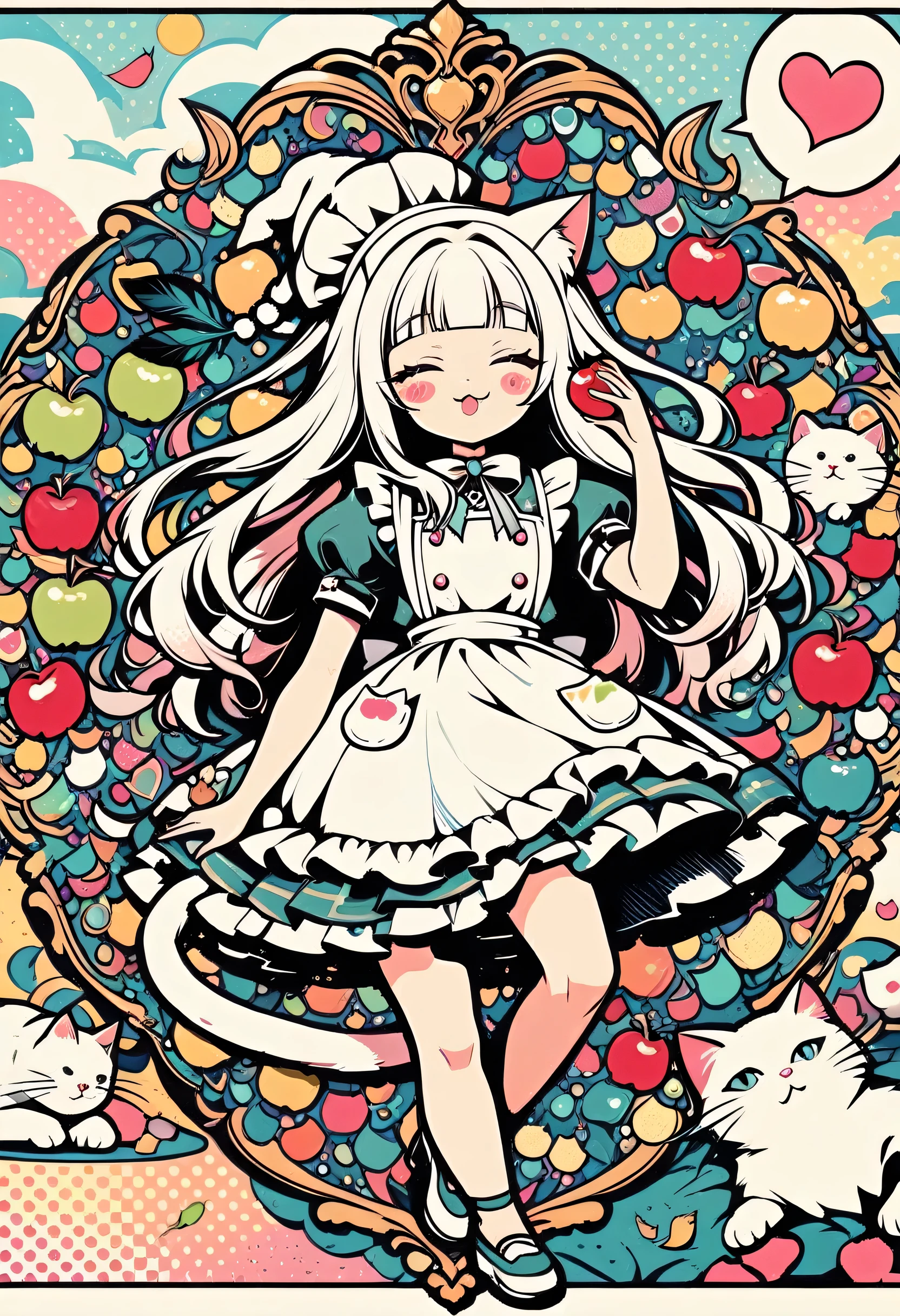 whole body、、、sleep、sleep、lie、Lying down、to ridicule、、Girl holding an apple、Lots of apples、Flying Apples、 Anime witch design, Heart Sign, White chef hat、White apron、Cockware Design, Provector, Love Style, Full Design, Only 18 colors, monochromatic, No Shadow, Full Design, Stickers, Bright colors, White background.Ultra-detailed illustrations,(((beautiful ))),(((beautiful )),(((beautiful background))),(((beautiful ))),(((beautiful cat))),(((beautiful background))),Midsummer、Beach black feathers、Straight bangs、squint, Pop Art Style