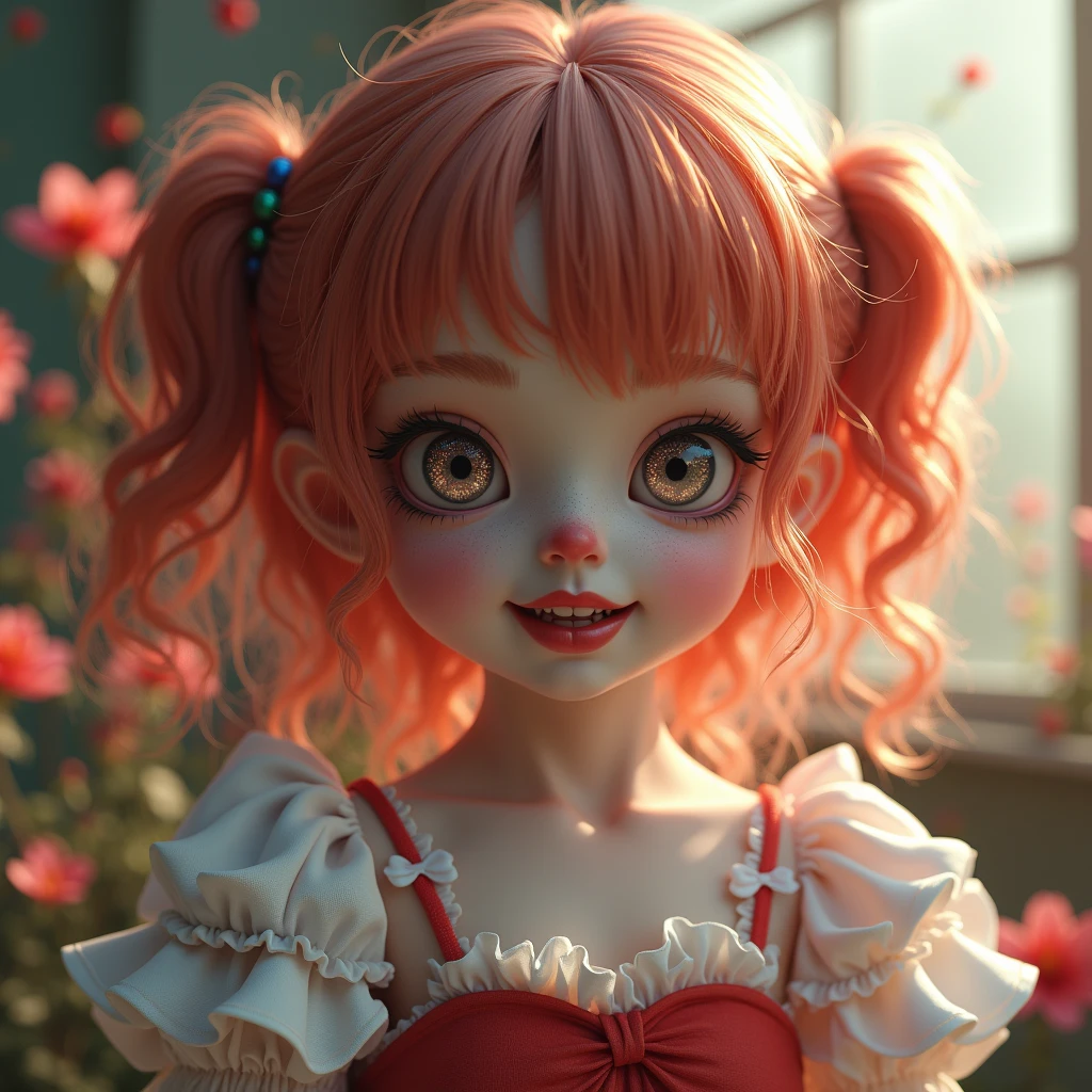 ((Artwork, high quality)), (a girl with a chillingly sweet appearance), (smiling broadly with a disturbing edge), (crying blood), (her hair is bubblegum pink and glossy, styled like a candy or chewing gum), (her outfit is colorful and sugary, reminiscent of candy or dessert-themed fashion), (her eyes are wide and expressive), (the background is dark or eerie to contrast with her sweet, candy-like appearance, enhancing the unsettling atmosphere).






