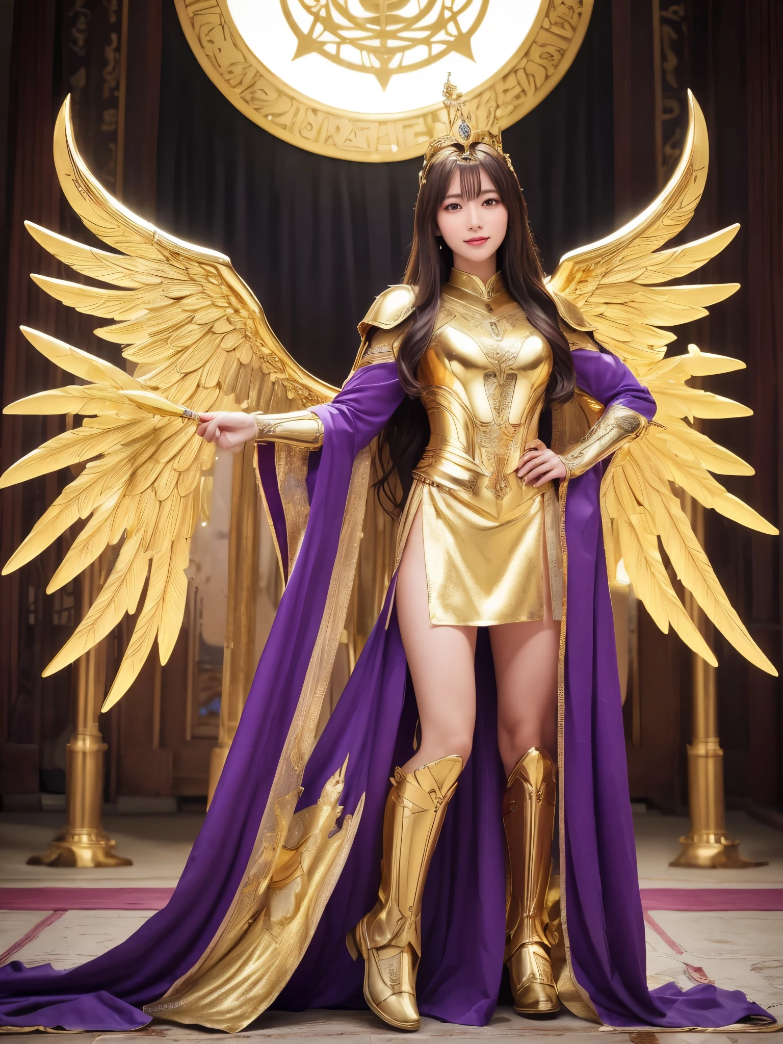 Miss Saori（Athena）The image is full of majesty and holiness。She has long smooth purple hair，The helmet she wears is characterized by a central half-moon decorative edge with exquisite golden carvings. The silver metal surface of the helmet is as smooth as a mirror. The slightly extended curves on both sides are elegant and full of power.,The forehead of the helmet is engraved with delicate ancient Greek-style totems. The gold-plated details on the edges sparkle in the light and fit perfectly with the overall armor.。She wears mainly silver armor with purple and gold decorations，胸甲刻有Athena的神聖圖騰，The long skirt is white and has gold embroidery on the edge.，Leg armor integrated with silver boots，The overall armor is beautifully designed。 She holds a golden scepter. The top of the scepter is a crescent-shaped symbol inlaid with luminous gems, symbolizing divine power.。The round shield is mainly silver, with a star pattern engraved in the center and geometric patterns and moon symbols around it to represent the power of protection.。The huge golden wings spread out behind her and the inner feathers have a purple gradient, symbolizing wisdom and holiness.。 She stands in front of the background of the Zodiac in Saint Seiya，Surrounded by tall golden pillars and mysterious horoscope symbols，The entire scene is shrouded in soft golden light，light from her wings、Reflected on scepter and shield，Highlight her holiness and majesty。
