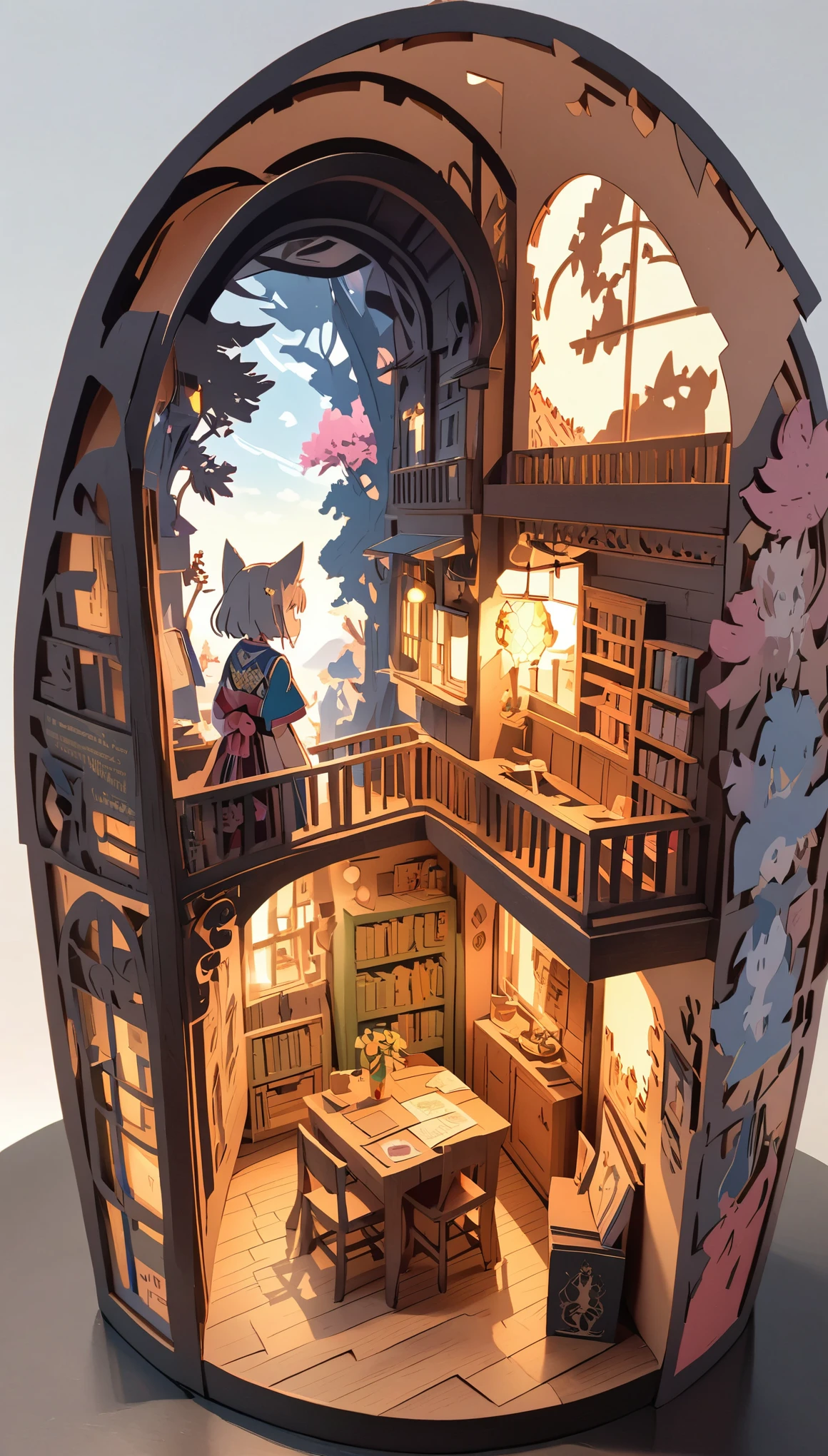 (masterpiece:1.2), (Best Quality:1.2), Ultra-high resolution, Very detailed, Perfect lighting, Wolf Girl, Gray Hair, National Costume, Otherworldly fantasy, cute, Tilt your head, Pastel colors, Paper cutting art,Flat paper cutout, Paper Art, Paper Quilt, Digital Art,Anime style illustration,Anime illustration, White background, PAPERCUT, book nook