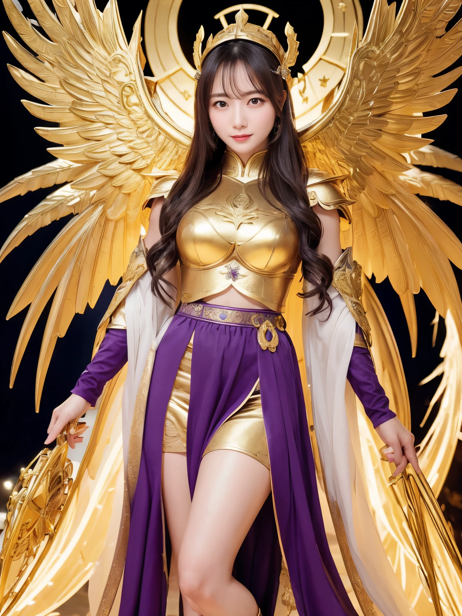 Miss Saori（Athena）The image is full of majesty and holiness。She has long smooth purple hair，The helmet she wears is characterized by the central half-moon decorative edge with exquisite golden carvings. The silver metal surface of the helmet is as smooth as a mirror. The slightly extended curves on both sides are elegant and full of power.,The forehead of the helmet is engraved with delicate ancient Greek-style totems. The gold-plated details on the edges sparkle in the light and fit perfectly with the overall armor.。She wears mainly silver armor with purple and gold decorations，胸甲刻有Athena的神聖圖騰，The long skirt is white and has gold embroidery on the edge.，Leg armor integrated with silver boots，The overall armor is beautifully designed。 She holds a golden scepter. The top of the scepter is a crescent-shaped symbol inlaid with luminous gems, symbolizing divine power.。The round shield is mainly silver, with a star pattern engraved in the center and geometric patterns and moon symbols around it to represent the power of protection.。The huge golden wings spread out behind her and the inner feathers have a purple gradient, symbolizing wisdom and holiness.。 She stands in front of the background of the Zodiac in Saint Seiya，Surrounded by tall golden pillars and mysterious horoscope symbols，The entire scene is shrouded in soft golden light，light from her wings、Reflected on scepter and shield，Highlight her holiness and majesty。
