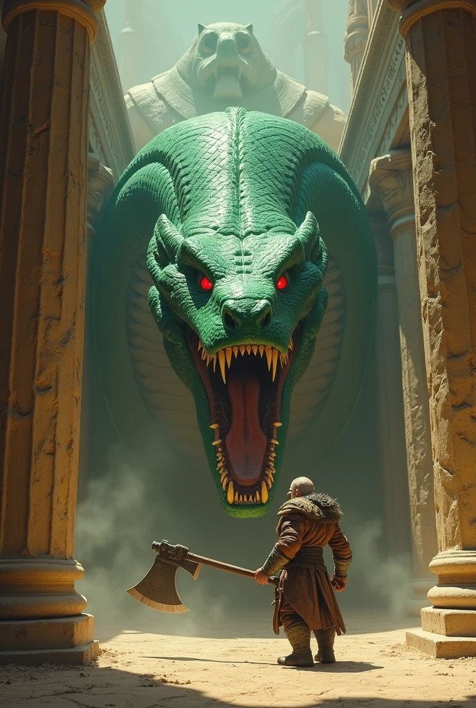 An ancient dragon asleep on its treasure hoard, dwarven ruins background