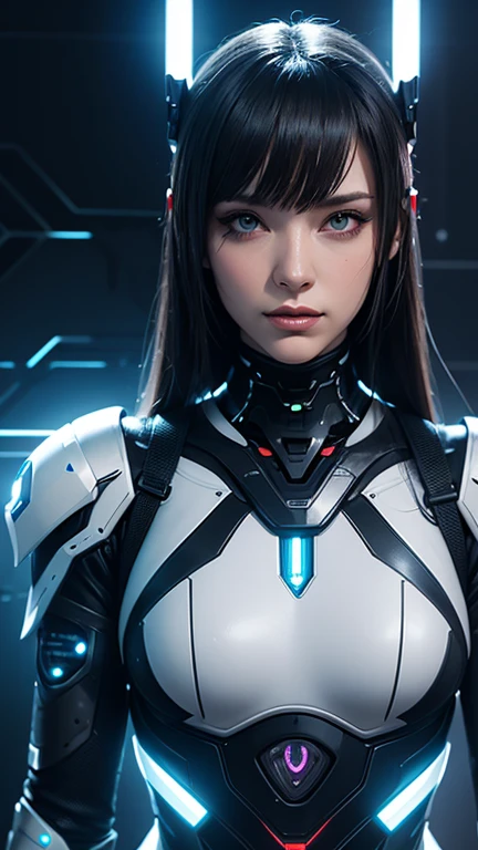 close shot of pretty cyborg lady, lots of details, space ship, futuristic setting