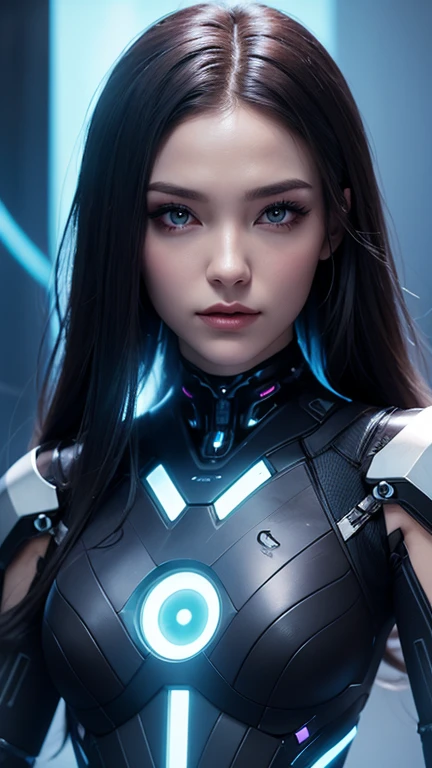 A futuristic alien leader named Aldara. She has a regal presence, with elegant and advanced alien features. Her skin is a shimmering shade of blue, and she has intricate, bioluminescent patterns across her body. Her eyes are large and expressive, glowing with a soft light. Aldara is dressed in sophisticated, high-tech attire that blends organic and technological elements, symbolizing her advanced civilization. She stands with a commanding yet compassionate expression, exuding wisdom and strength.