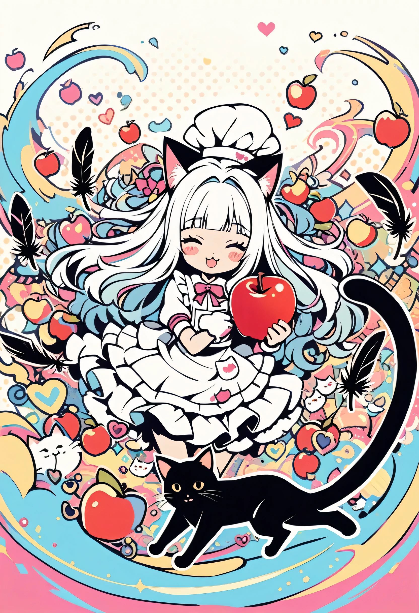 whole body、、、sleep、sleep、lie、Lying down、to ridicule、、Girl holding an apple、Lots of apples、Flying Apples、 Anime witch design, Heart Sign, White chef hat、White apron、Cockware Design, Provector, Love Style, Full Design, Only 18 colors, monochromatic, No Shadow, Full Design, Stickers, Bright colors, White background.Ultra-detailed illustrations,(((beautiful ))),(((beautiful )),(((beautiful background))),(((beautiful ))),(((beautiful cat))),(((beautiful background))),Midsummer、Beach black feathers、Straight bangs、squint, Pop Art Style