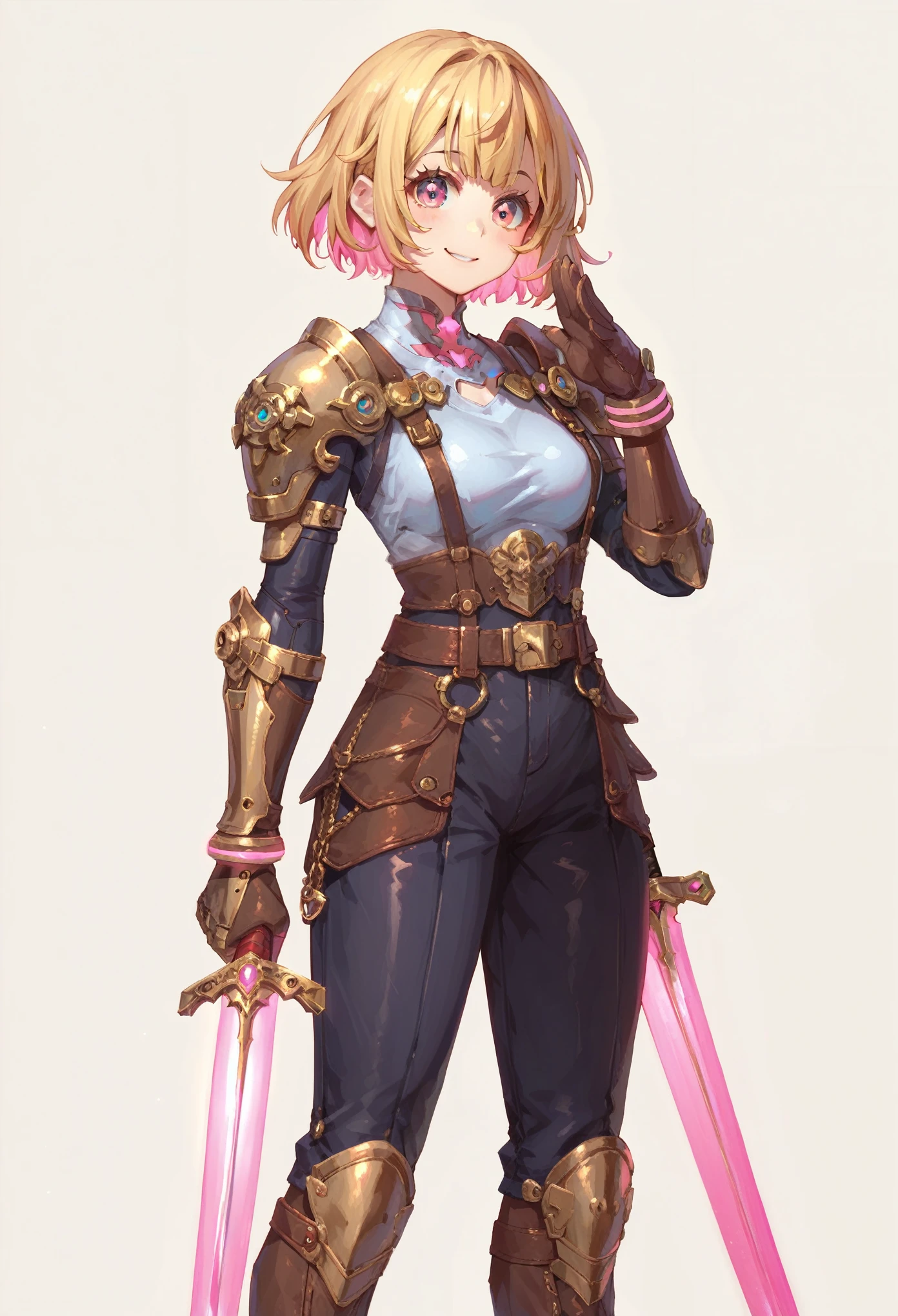 (masterpiece, best quality:1.2), pink glowing eyes, pink eyes, perfect face, blonde, Mami nanami ,gorgeous,mean look, bad look, strong make up, highres, 1 girl, solo, make up, (female:1.5), multcolored hair, shoulder armor,  sleeveless turtleneck, cute outfit, white shirt,  gold forniture, suspenders, belt, gloves, bracer,  cute smile, standing, portrait, looking at viewer, holding a dual sword, dual sword, long leather boots, fullbody shot, dinamic pose, cyberpunk, futuristic